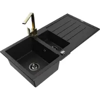 Mexen Andres granieten spoelbak 1,5-komor met afdruiprek en keukenmengkraan Rita, zwart/goud metallic- 6515-75-670300-50-B