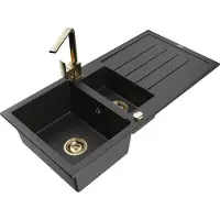 Mexen Andres granieten spoelbak 1,5-komers met afdruiprek en keukenmengkraan Rita, zwart/zilver metallic - 6515-73-670300-50