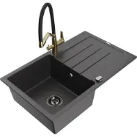 Mexen Bruno granieten spoelbak 1-kompartment met afdruiprek en Duo keukenkraan, zwart gespikkeld - 6513-76-671701-57-B