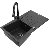 Mexen Cesar granitische spoelbak met 1 bak, druiprek en keukenmengkraan Elia, zwart/zilveren metallic - 6514-73-670101-70-B