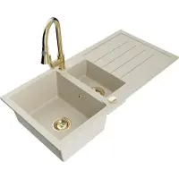 Mexen Andres 1,5-kompartement granieten gootsteen met afdruiprek en keukenmengkraan Elia, beige - 6515-69-670101-50