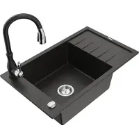 Mexen Elias granieten spoelbak met 1 bak met druiprek en keukenmengkraan Savita, zwart/goud metallic - 6511-75-672601-70