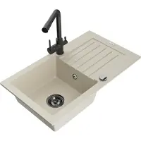 Mexen Pablo granieten spoelbak met 1 kamer en afdruiprek en Duero keukenkraan, beige - 6510-69-671600-70