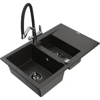 Mexen Gaspar granieten gootsteen 1,5-komorige met afdruiprek en Duo keukenkraan, zwart/goud metallic - 6507-75-671701-07-B