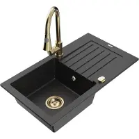Mexen Pablo granieten spoelbak met 1 bak en afdruiprek en keukenkraan Elia, zwart/zilver metallic - 6510-73-670101-50