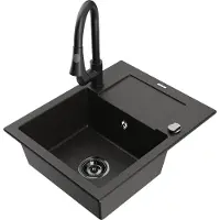 Mexen Enzo granieten spoelbak 1-komerig met afdruiprek en keukenmengkraan Elia, zwart/gouden metallic - 6506-75-670101-70-B