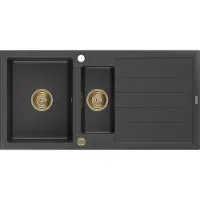 Mexen Andres granieten spoelbak 1,5-komorige met afdruiprek 1000 x 500 zwart gespikkeld, gouden sifon - 6515101510-76-G