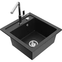 Mexen Vito granieten gootsteen met 1 bak en Flora keukenmengkraan, zwart/zilver metallic - 6503-73-670401-00