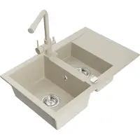 Mexen Gaspar granieten spoelbak 1,5-compartiment met afdruipplaat en keukenmengkraan Duero, beige - 6507-69-671600-69