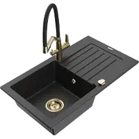 Mexen Pablo granieten gootsteen 1-bak met afdruiprek en keukenkraan Duo, zwart/zilver metallic - 6510-73-671701-57-G