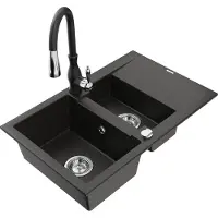 Mexen Gaspar granieten spoelbak 1,5-kamer met afdruiprek en keukenkraan Savita, zwart/goud - 6507-75-672601-70