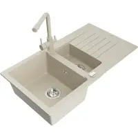 Mexen Matias granieten spoelbak 1,5-kamer met afdruiprek en keukenkraan Duero, beige - 6502-69-671600-69