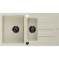 Mexen Matias granieten spoelbak 1,5-kom, met afdruiprek 900 x 505 , beige, zwarte sifon - 6502901505-69-B
