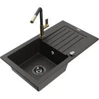 Mexen Pablo granieten gootsteen met 1 bak en afdruiprek en Flora keukenkraan, zwart/goud metallic - 6510-75-670401-57-B