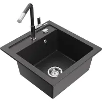 Mexen Vito granieten gootsteen 1-kompartment met keukenmengkraan Flora, zwart gespikkeld - 6503-76-670401-08