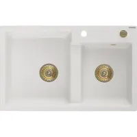 Mexen Tomas granieten gootsteen 2-kamers 800 x 500 , wit, gouden sifon - 6516802000-20-G