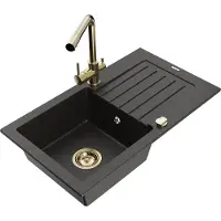 Mexen Pablo granieten spoelbak 1-kamer met afdruiprek en keukenmengkraan Duero, zwart/goud metallic - 6510-75-671600-50