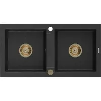 Mexen Mario granieten gootsteen 2-kamer 820 x 436 , zwart/zilveren metallic, gouden sifon - 6504822000-73-G