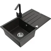 Mexen Bruno granieten spoelbak 1-kompartment met afdruiprek en keukenkraan Rita, zwart/gouden metallic - 6513-75-670300-70