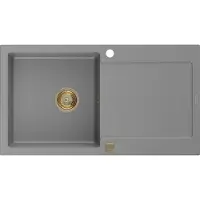 Mexen Leo granieten spoelbak 1-koer met afdruiprek 900 x 500 , grijs, gouden sifon - 6501901010-71-G