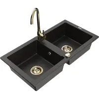 Mexen Mario granieten spoelbak 2-delig met keukenkraan Telma, zwart/goud - 6504-75-670200-50