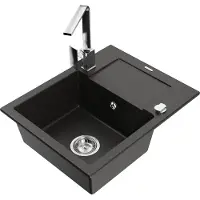 Mexen Enzo granieten spoelbak 1-baks met afdruipplaat en keukenkraan Rita, zwart/goud metallic - 6506-75-670300-00