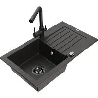 Mexen Pablo granieten gootsteen 1-komorige met afdruiprek en keukenmengkraan Duero, zwart/goud metallic - 6510-75-671600-70-B