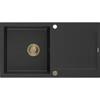 Mexen Leo granieten gootsteen 1-koer met afdruiprek 900 x 500 , zwart/zilver metallic, gouden sifon - 6501901010-73-G