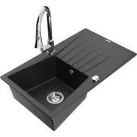 Mexen Cesar granieten spoelbak met 1 bak, afdruiprek en keukenmengkraan Elia, zwart/zilver metallic - 6514-73-670101-00