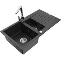 Mexen Matias granieten spoelbak 1,5-komorig met afdruiprek en keukenkraan Rita, zwart/zilver metallic - 6502-73-670300-00