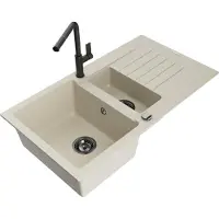 Mexen Matias granieten spoelbak 1,5-komers met afdruiprek en keukenkraan Flora, beige - 6502-69-670401-70-B