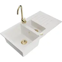Mexen Matias granieten spoelbak 1,5-komorige met afdruiprek en keukenkraan Telma, wit - 6502-20-670200-50