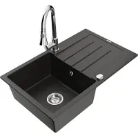 Mexen Bruno granieten spoelbak met 1 bak en afdruiprek en keukenmengkraan Elia, zwart/goud metallic - 6513-75-670101-00