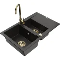 Mexen Gaspar granieten gootsteen 1,5-kamer met afdruiprek en keukenkraan Telma, zwart/goud - 6507-75-670200-50