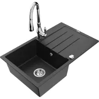 Mexen Bruno granieten spoelbak 1-baks met afdruiprek en keukenmengkraan Savita, zwart/zilver metallic - 6513-73-672601-00