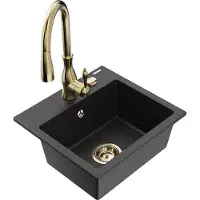 Mexen Milo granieten gootsteen 1-kamer met keukenmengkraan Savita, zwart/zilver metallic- 6505-73-672601-50