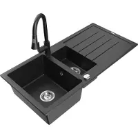 Mexen Andres granieten spoelbak 1,5-kamer met afdruiprek en keukenkraan Elia, zwart/zilver metallic - 6515-73-670101-70
