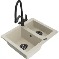 Mexen Carlos granieten gootsteen 1,5-komor met keukenmengkraan Duo, beige - 6518-69-671701-70-B