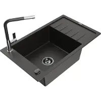 Mexen Elias granieten gootsteen 1-kompartment met afdruiprek en keukenkraan Flora, zwart/gouden metallic - 6511-75-670401-07-B
