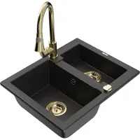 Mexen Carlos granieten gootsteen 1,5-bak met keukenmengkraan Elia, zwart/goud metallic - 6518-75-670101-50