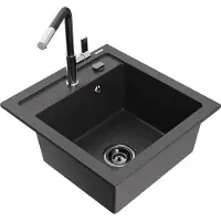 Mexen Vito granieten spoelbak met 1 bak en Flora keukenmengkraan, zwart gespikkeld - 6503-76-670401-07-B