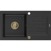 Mexen Pablo granieten gootsteen 1-komor met afdruiprek 752 x 436 , zwart/zilveren metallic, gouden sifon - 6510751010-73-G