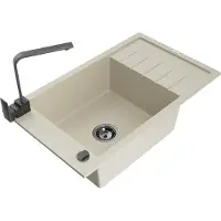 Mexen Elias granieten spoelbak met 1 kom met afdruiprek en keukenmengkraan Rita, beige - 6511-69-670300-70