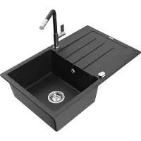 Mexen Bruno granieten spoelbak 1-komers met afdruiprek en keukenkraan Flora, zwart/zilver metallic - 6513-73-670401-07