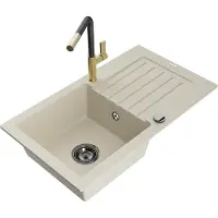 Mexen Pablo granieten gootsteen 1-komor met afdruiprek en keukenmengkraan Flora, beige - 6510-69-670401-57-B