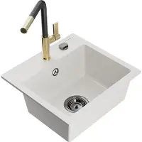 Mexen Milo granieten gootsteen 1-komor met keukenbatterij Flora, wit - 6505-20-670401-57-B