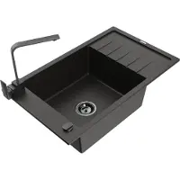 Mexen Elias granieten gootsteen 1-kamer met afdruiprek en keukenmengkraan Rita, zwart/gouden metallic - 6511-75-670300-70-B