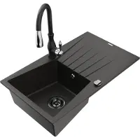 Mexen Cesar granieten spoelbak 1-kompartment met afdruiprek en keukenkraan Savita, zwart/goud metallic - 6514-75-672601-70-B