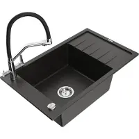 Mexen Elias granieten gootsteen met 1 bak, afdruiprek en keukenkraan Duo, zwart/goud metallic - 6511-75-671701-07