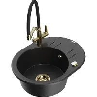 Mexen Kevin granieten gootsteen met 1 bak met dubbele keukenmengkraan, zwart/zilver metallic - 6517-73-671701-57-G